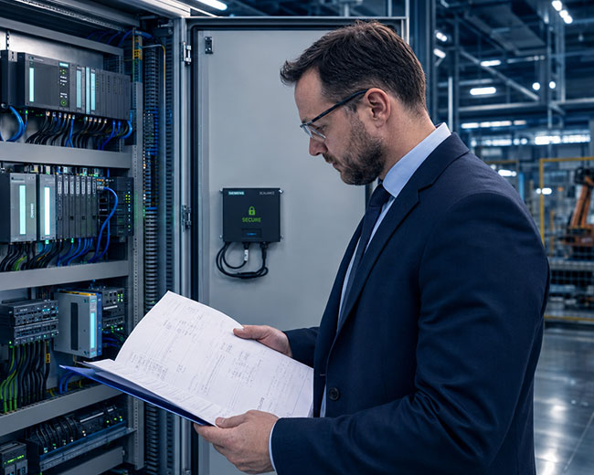 Persona davanti a quadro elettrico macchinario