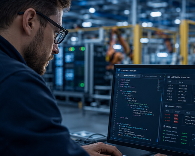 Tecnico che analizza codice o interfaccia software su schermo