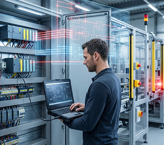 Ingegnere analizza le funzioni di sicurezza del macchinario