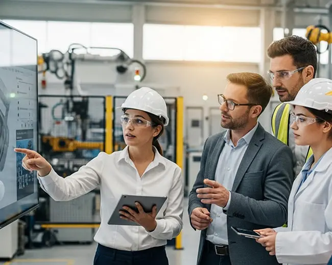 Consulenti in elmetto protettivo che eseguono un briefing di formazione sul monitor touch ad operatori in uno stabilimento industriale