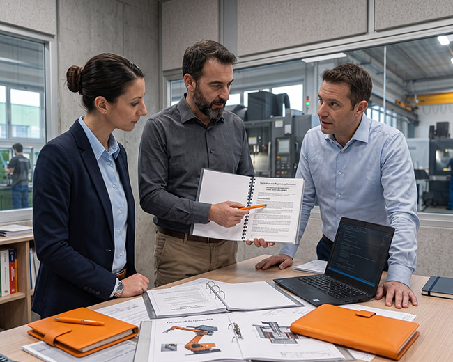 Tre professionisti in abbigliamento business-casual riuniti attorno a un tavolo in un ufficio industriale moderno: uno tiene in mano un documento normativo aperto, gli altri due osservano e discutono.