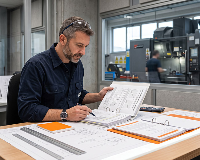 Ingegnere che consulta documentazione tecnica normativa su un tavolo da disegno.