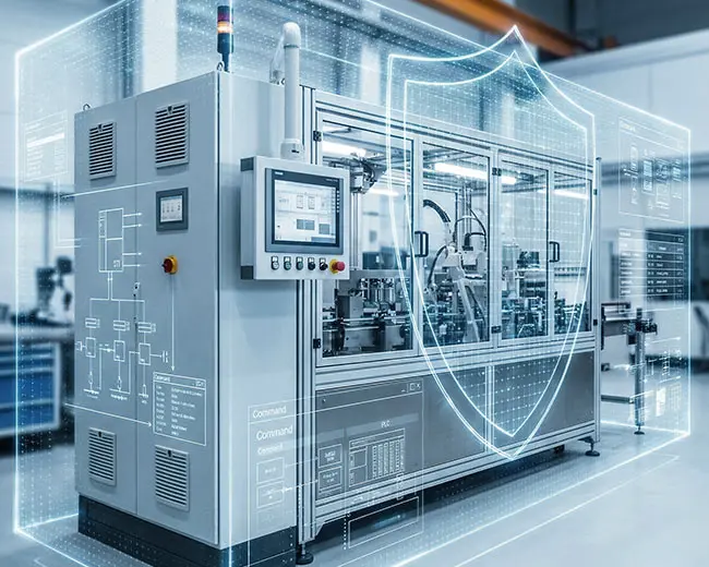 Macchinario industriale automatizzato avvolto da uno scudo digitale di protezione con schemi tecnici e pannello di controllo HMI