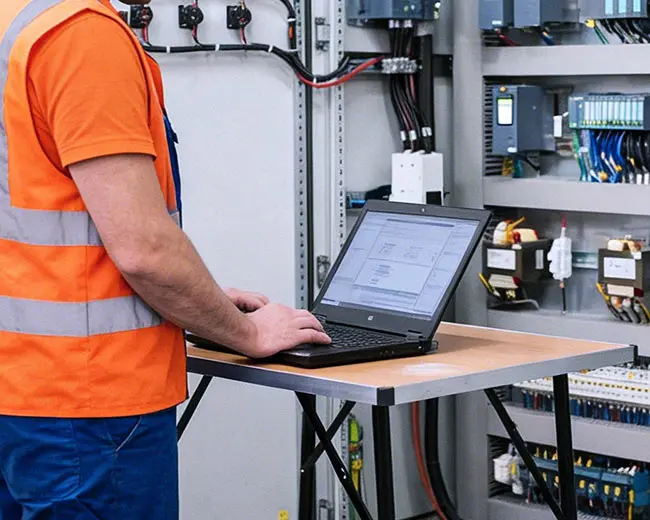 Tecnico in gilet ad alta visibilità che configura la cybersecurity OT di un quadro elettrico industriale tramite laptop